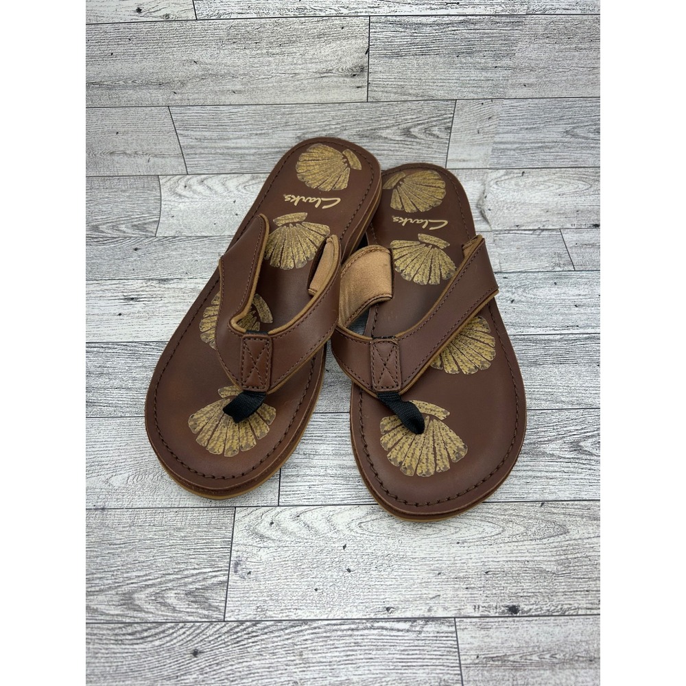 Clarks Women Brown Leather Seashell Print Flip Flop Sandals 88100 9M